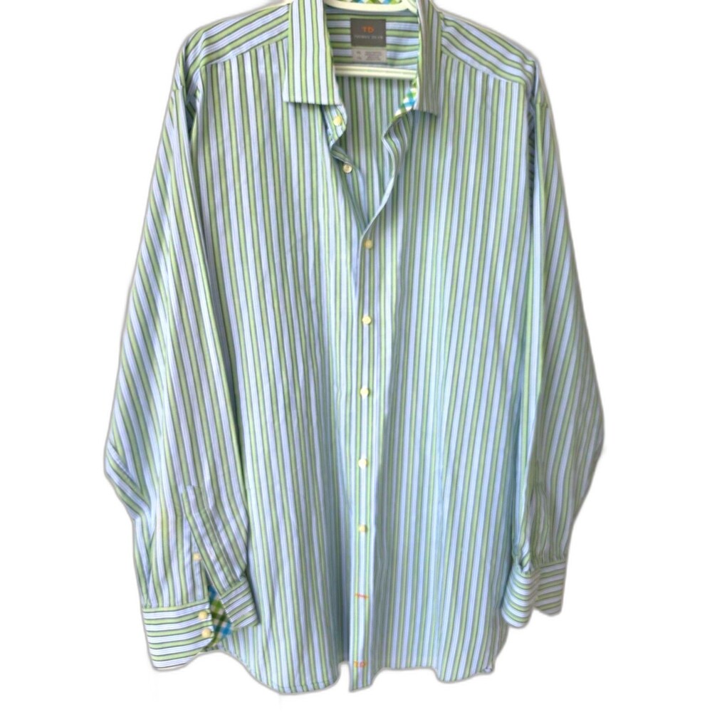 Thomas Dean Mens Flip Cuff  Shirt XXL/TTG Green Stripe Long Sleeve Cotton 100%